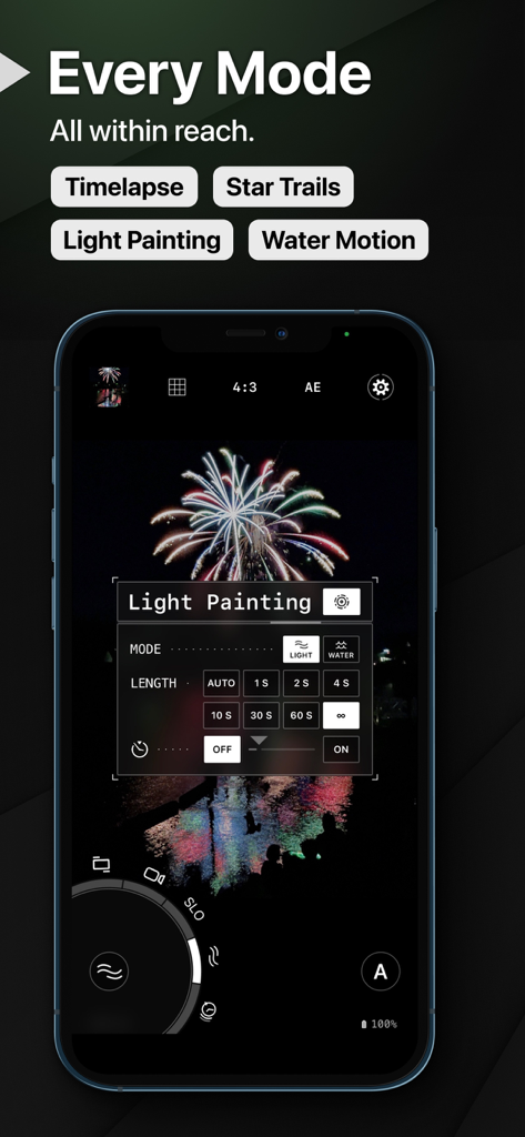 ProShot - ProShot app interface showing Light Painting settings and firework photography on an iPhone