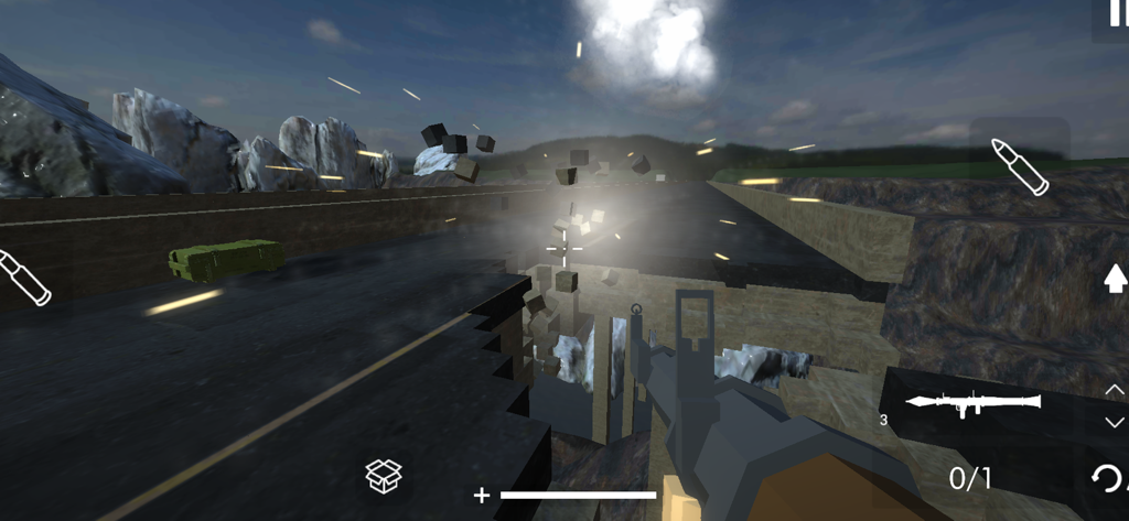 Building Destruction - Vue à la première personne d'un joueur détruisant un pont en voxel avec une explosion dans le jeu de bac à sable Building Destruction.