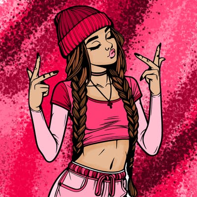 realistic teenage girl with braids and a beanie and crop top doing 🫶🏼