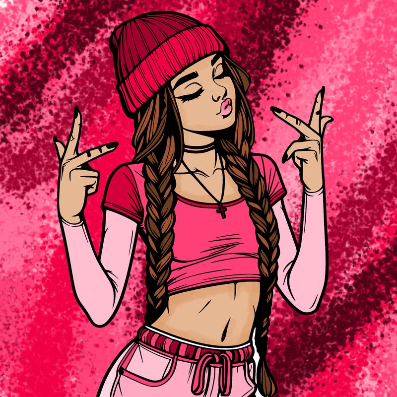 realistic teenage girl with braids and a beanie and crop top doing 🫶🏼