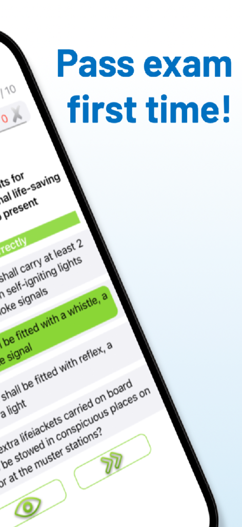 CES Test: Seagull Training - Schermata dell'app di preparazione all'esame CES Seagull che mostra una domanda d'esame di sicurezza marittima con lo slogan Supera l'esame al primo tentativo