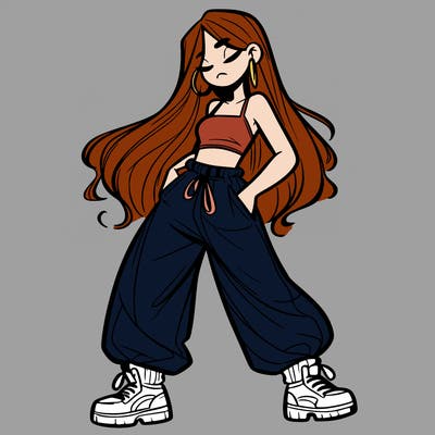 girl in baggy pants crop top and long hair