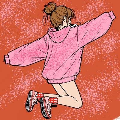 realistic girl jumping with a bun and oversized sweatshirt