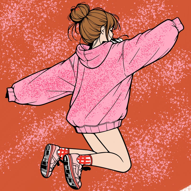 realistic girl jumping with a bun and oversized sweatshirt