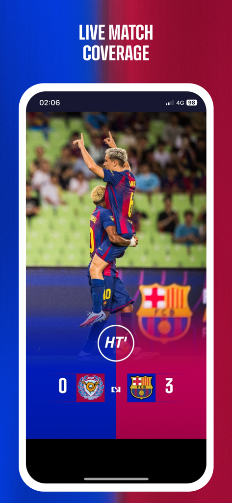 FC Barcelona Official App - Live match coverage screen in the FC Barcelona Official App showing halftime score and player celebration