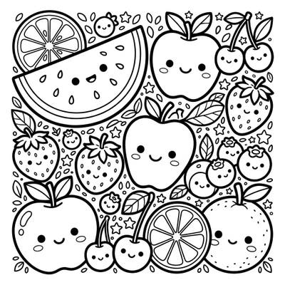 Unleash your creativity with this delightful Kawaii Fruits & Berries coloring page. Filled with adorable apples, juicy strawberries, and more, it's a sweet escape for all ages.