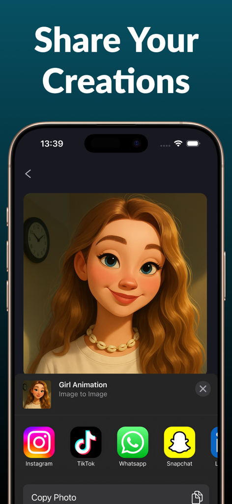 AI Image Editor via Chat - Mobile app screen showing a sharing menu for an AI generated girl animation with icons for Instagram TikTok WhatsApp and Snapchat