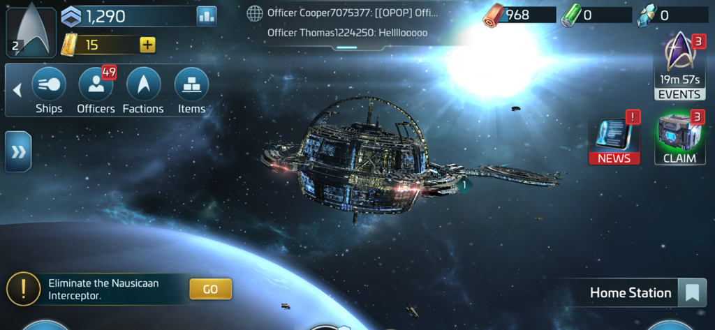 In game view of Star Trek Fleet Command showing a starbase orbiting a planet with the user interface and mission logs