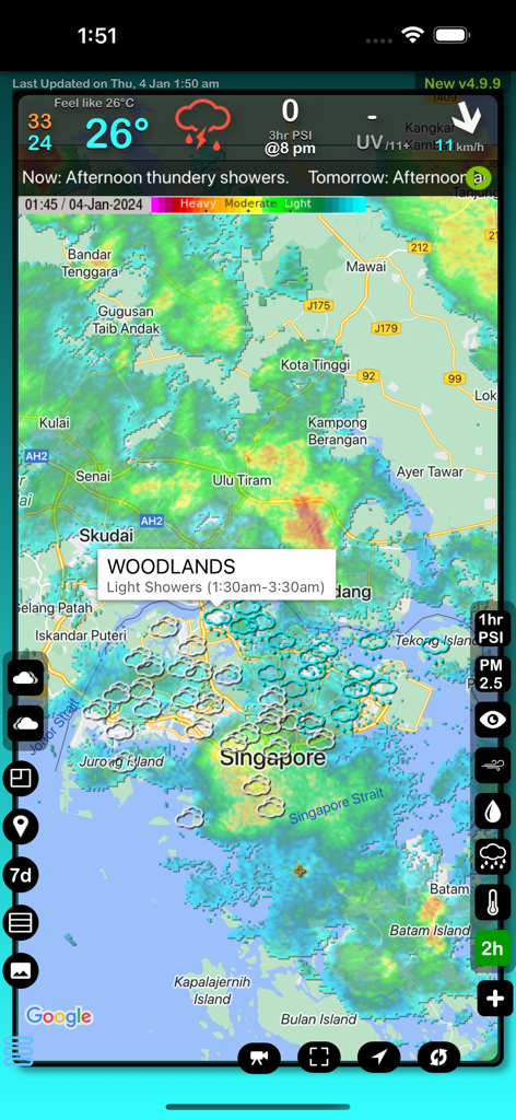 Carte radar de pluie en temps réel de Singapour montrant le mouvement des nuages de tempête et les données météorologiques