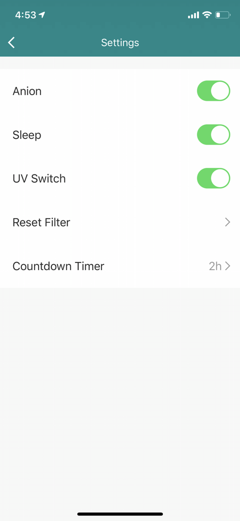 AlecoAir - AlecoAir app settings screen showing toggles for Anion, Sleep mode, and UV switch with a countdown timer.