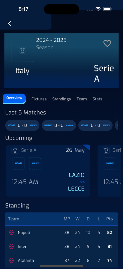 Mika Football - Mika Football app interface showing Italian Serie A standings and upcoming match details