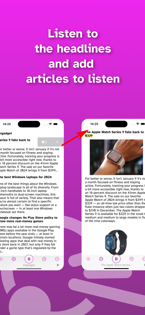 Interfaz de la aplicación Speech Central que muestra la función para escuchar titulares de noticias y artículos.