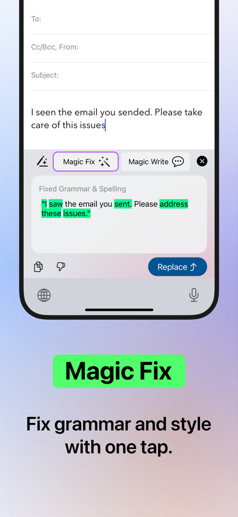 AI Keyboard Type AI – AnyWrite - La fonction Magic Fix du clavier IA AnyWrite corrigeant les erreurs de grammaire et de style dans un e-mail