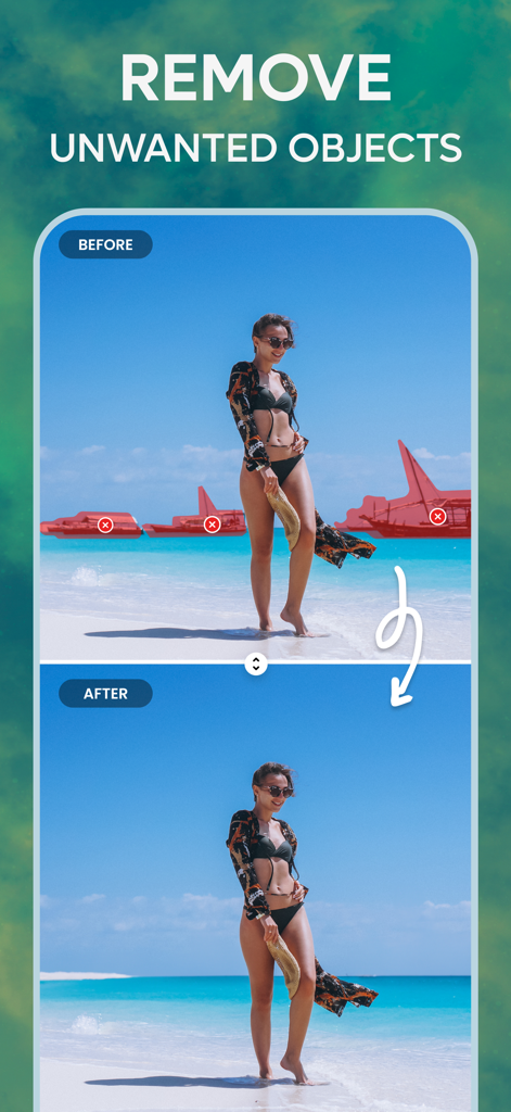 Remove Objects, Photo Eraser - Un confronto prima e dopo che mostra la rimozione di barche indesiderate da una foto di spiaggia utilizzando l'IA.