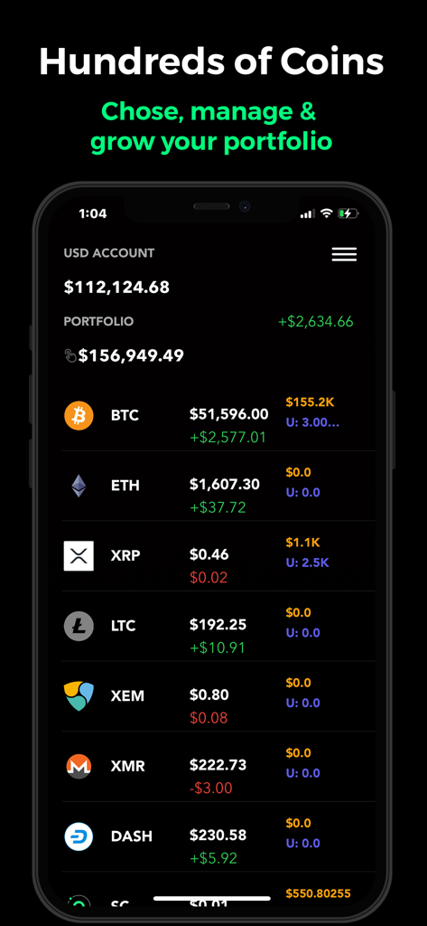 Crypto Trader : Cryptocurrency - Una pantalla de aplicación móvil que muestra una cartera de criptomonedas con datos del mercado en vivo de Bitcoin, Ethereum y otras monedas.