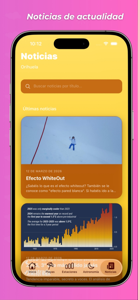 MeteOrihuela App-Nachrichten-Oberfläche mit lokalen Wetterartikeln und Klimadaten-Diagrammen.