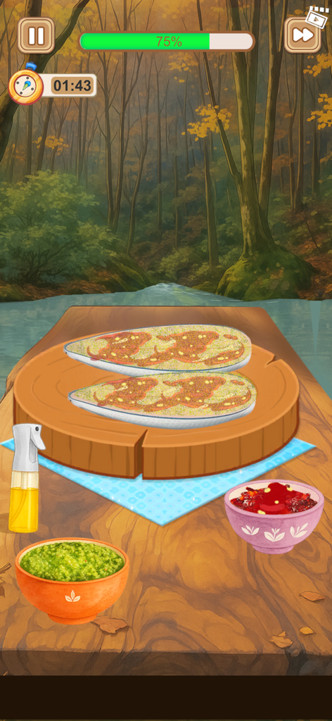 Crazy Kitchen Set Cooking ASMR - Una pantalla de simulación de cocina que muestra la preparación de pescado en una tabla de madera con salsas en un entorno de bosque pacífico.