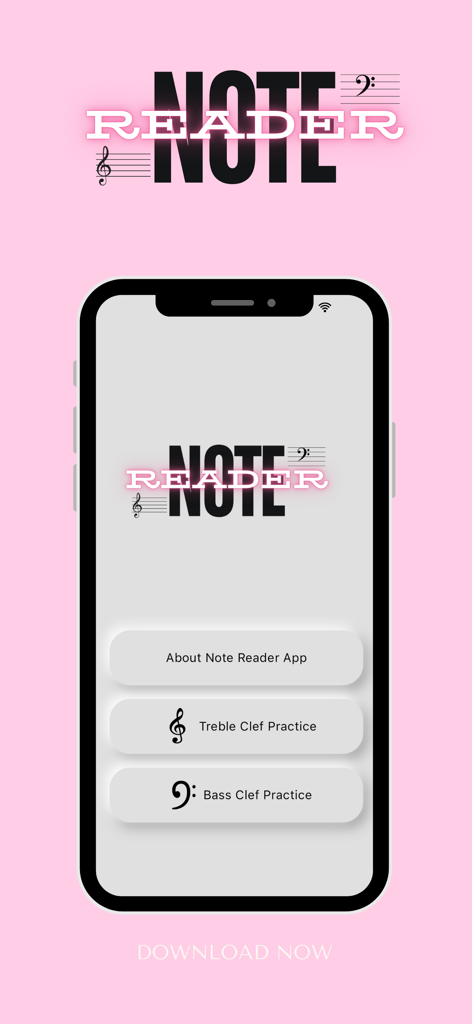 Note Reader - Home screen of the Note Reader app showing menu options for Treble Clef and Bass Clef practice.