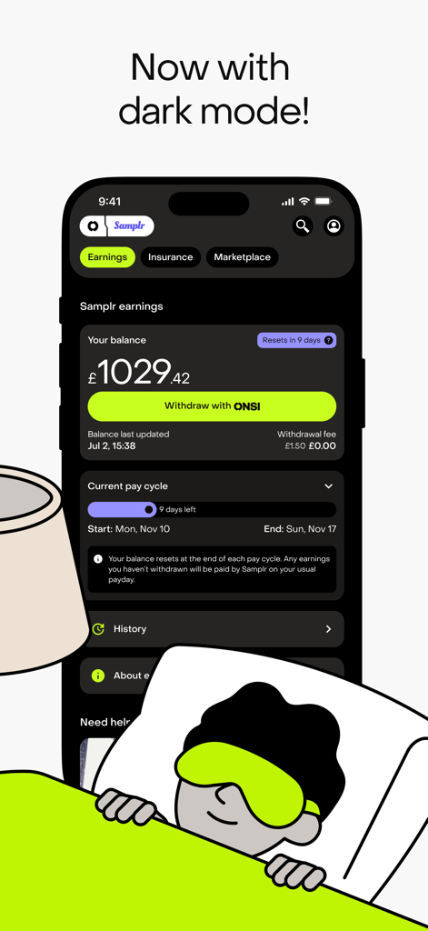 The Onsi app interface in dark mode showing available earnings and a withdrawal button.