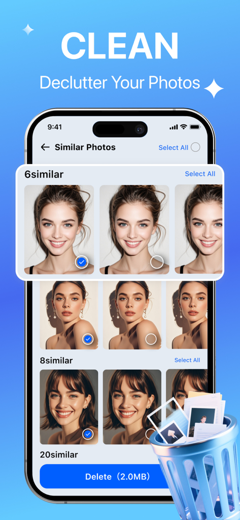 PhoneCleaner·AI ClearSpace - PhoneCleaner AI ClearSpace app interface showing similar photos being selected for deletion to save storage space