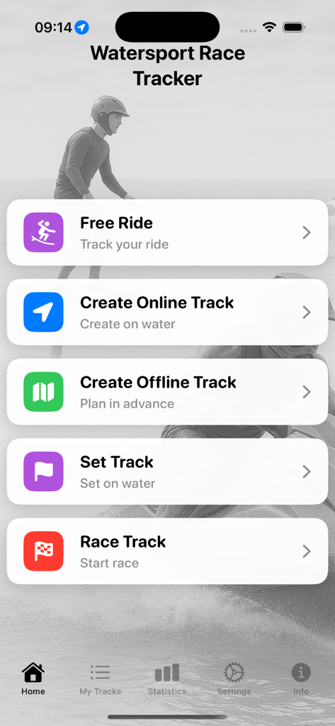 Watersport Race Tracker - Home screen of Watersport Race Tracker app showing various racing and tracking options