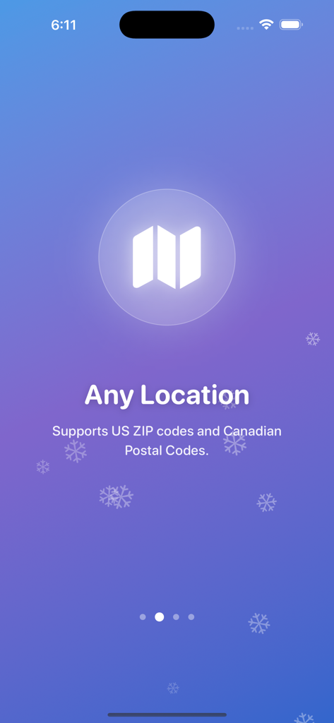 Onboarding screen of the Snow Day Predictor app showing support for US ZIP codes and Canadian postal codes