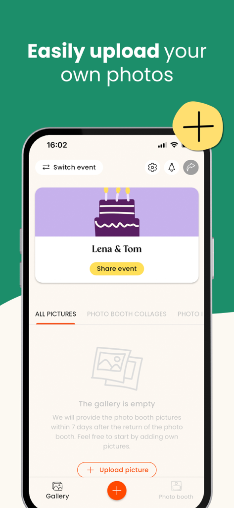 KRUU - KRUU mobile App-Oberfläche, die eine private Veranstaltungsgalerie mit einer einfachen Schaltfläche zum Hochladen von Fotos anzeigt