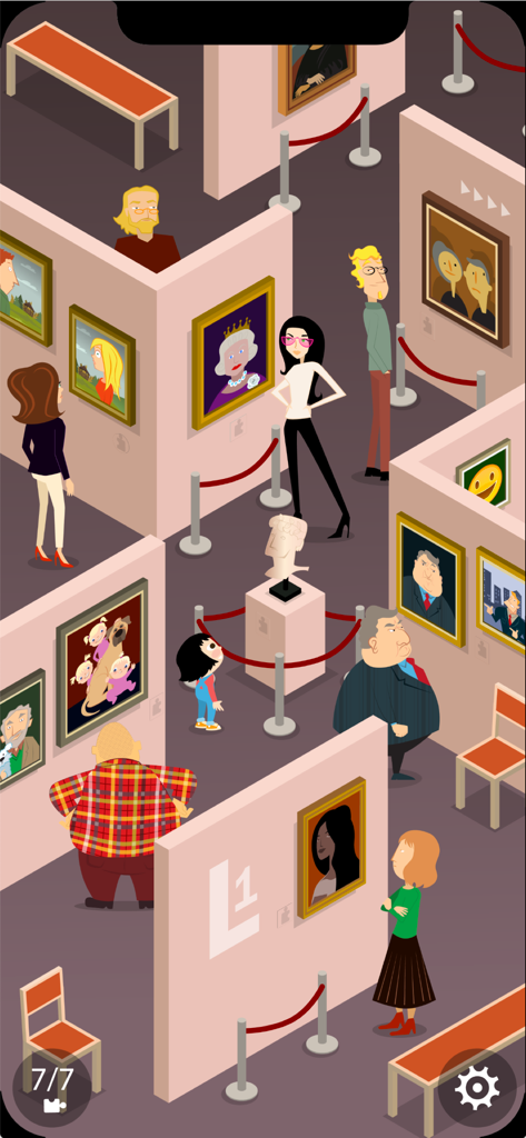Mystery Puzzle Museum - An isometric view of a hand-drawn museum gallery filled with eccentric characters and colorful art exhibits.