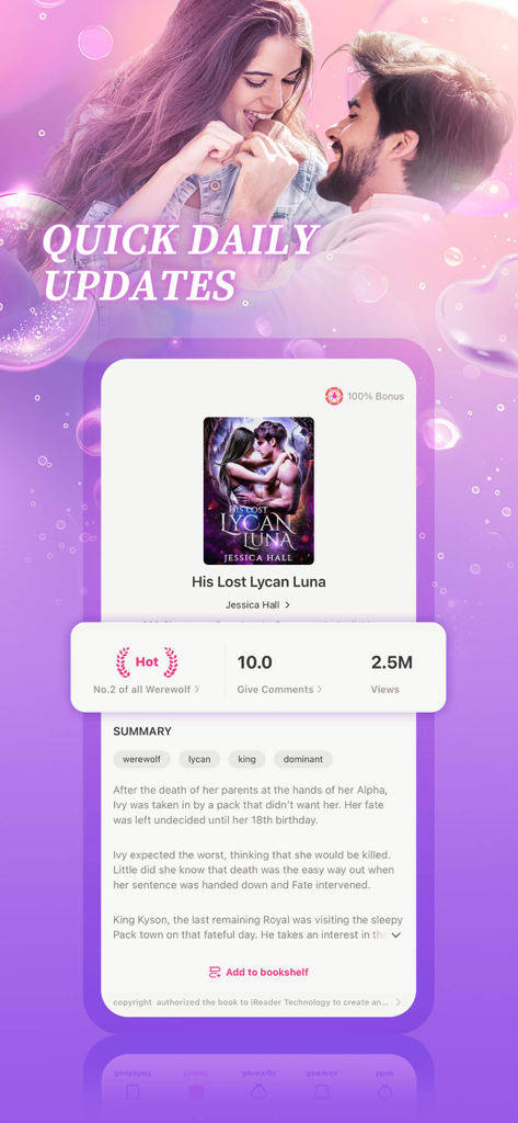 NovelZoom app interface displaying a werewolf romance novel summary and reader statistics