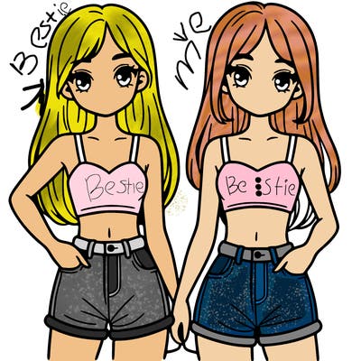 two sisters with crop tops and jean shorts and straight hair