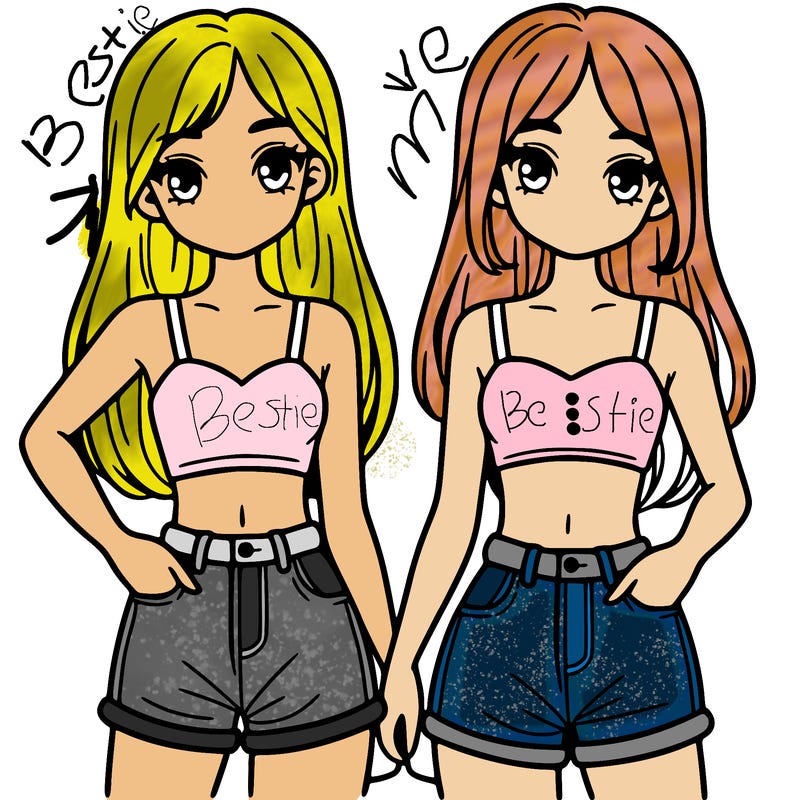 two sisters with crop tops and jean shorts and straight hair