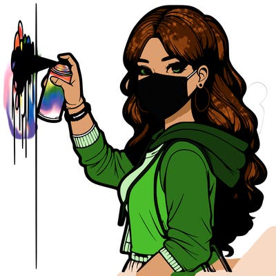 realistic girl with mask spray painting a wall