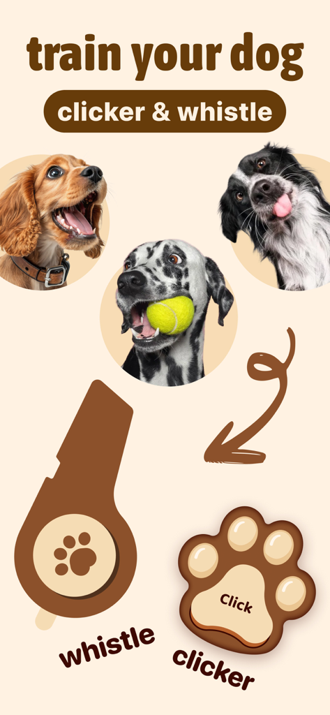 Dog Translator+‎ - 犬のトレーニングツール（口笛や足跡型のクリッカーを含む）を表示するモバイルアプリ画面。さまざまな犬の写真が表示されています。