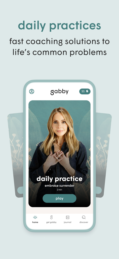 Gabby - Coaching & Meditation - Gabby coaching app daily practice screen showing a meditation session titled embrace surrender