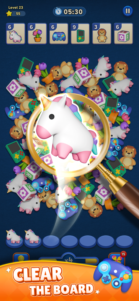 Match Tile Triple 3D - Gameplay screenshot of Match Tile Triple 3D showing a magnifying glass highlighting a unicorn among various 3D toys to be matched and cleared.