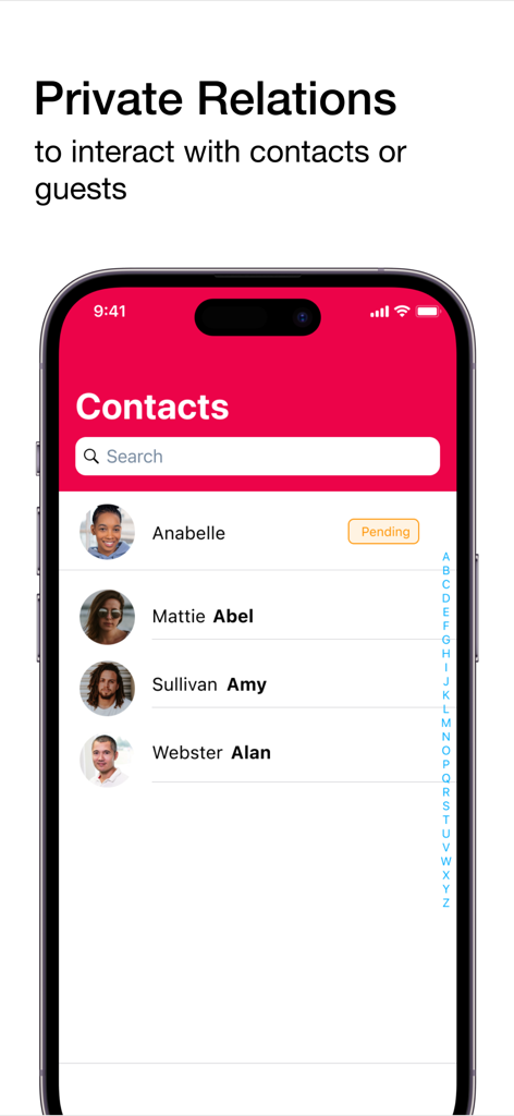 Skred Messenger - Interfaz de la aplicación Skred Messenger que muestra una lista de contactos y relaciones privadas