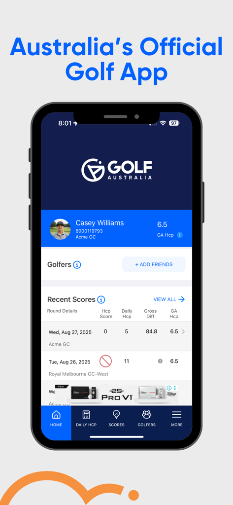 Golf Australia Official App - Golf Australia app interface showing player handicap and recent scores