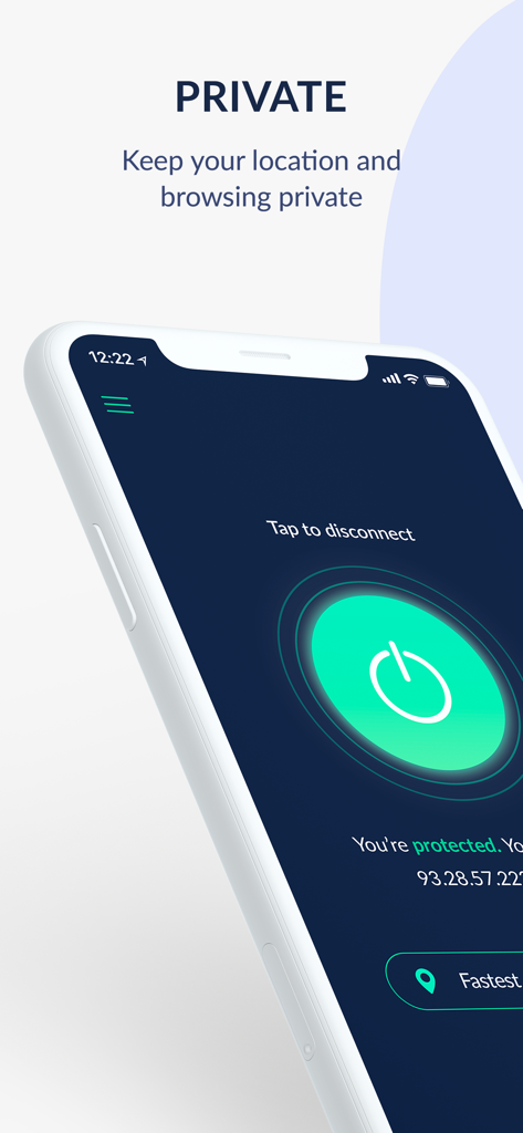 Hotshield VPN app interface on iPhone featuring private browsing and a one tap connection button.
