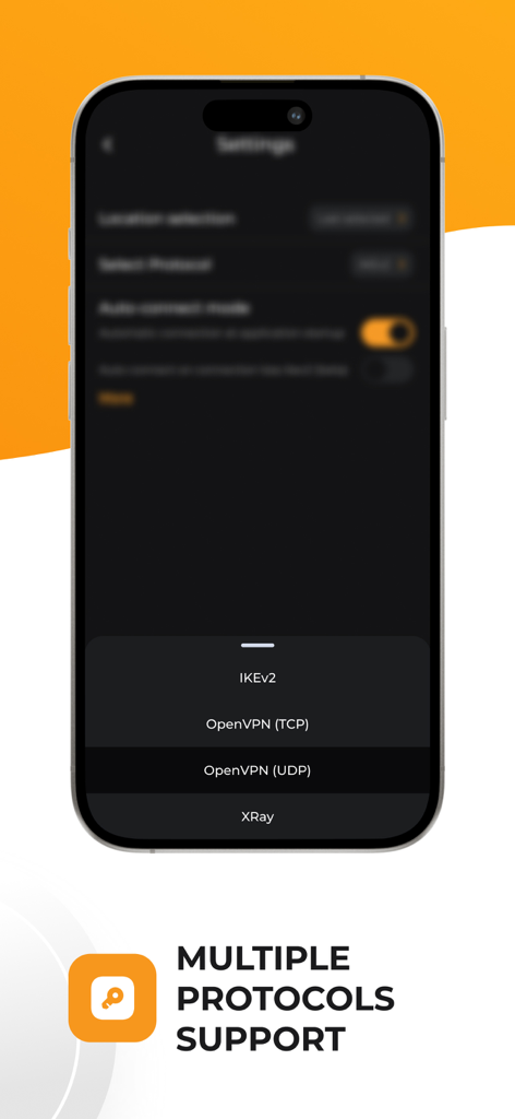 VPNLY - VPN Unlimited Proxy - iPhone screen showing the selection menu for multiple VPN protocols including IKEv2 and OpenVPN in the VPNLY app
