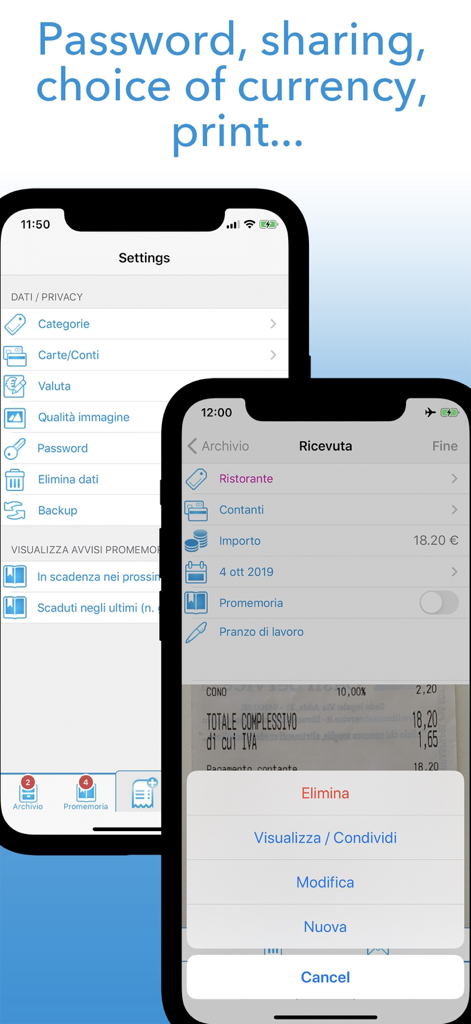 aBill app interface showing settings and receipt details for professional expense tracking