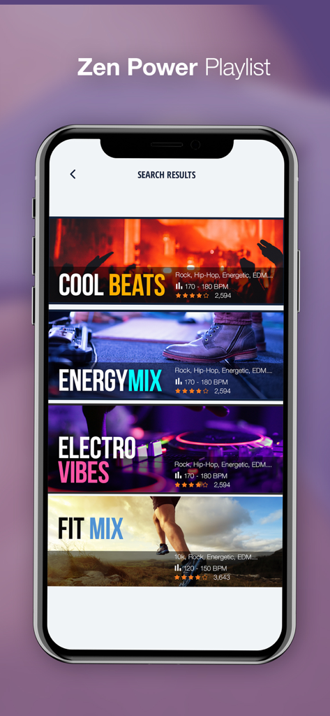 Mobile app screen displaying the Zen Power Playlist with curated music categories like Cool Beats and Energy Mix for fitness training