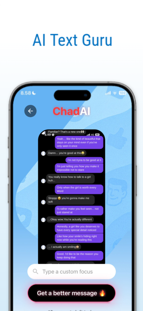 Chad.AI - Chad.AI app screen displaying AI generated chat replies for dating conversations