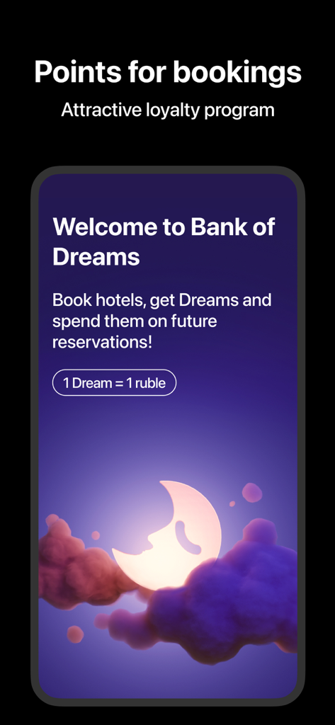 B2B.Ostrovok for Professionals - Tela do programa de fidelidade do aplicativo B2B.Ostrovok chamada Banco dos Sonhos, mostrando pontos para reservas.