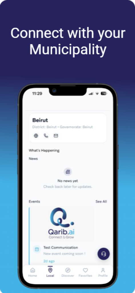 Qarib : Connect & Grow - Interface of the Qarib app showing local municipality news and events on a mobile screen