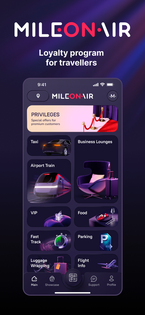 Pantalla principal de la aplicación MILEONAIR que muestra servicios de viaje premium como salas VIP, taxis y cenas en aeropuertos