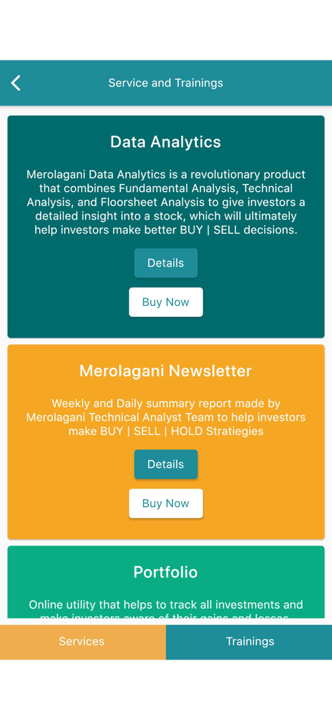 Merolagani Nepse App - merolagani nepse app services interface showing data analytics and newsletter options