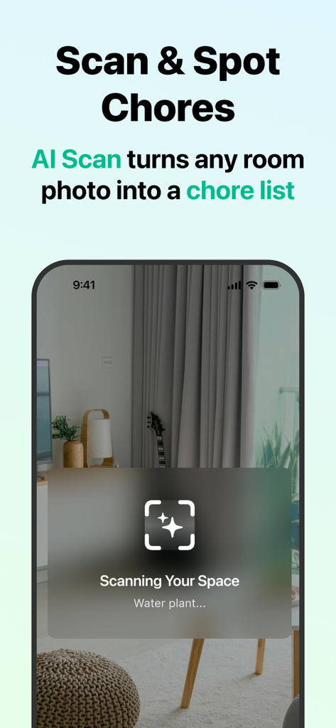 Mobile app interface showing AI scan technology identifying cleaning tasks from a room photo