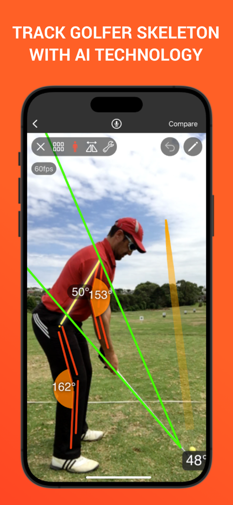 Golf swing analysis app showing AI skeleton tracking and joint angles on a smartphone screen.