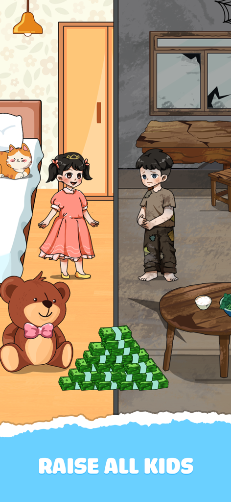 Tricky Prank: Annoying Quest - A split screen puzzle from Tricky Prank Annoying Quest showing a rich girl and a poor boy with a pile of money and the text Raise All Kids.