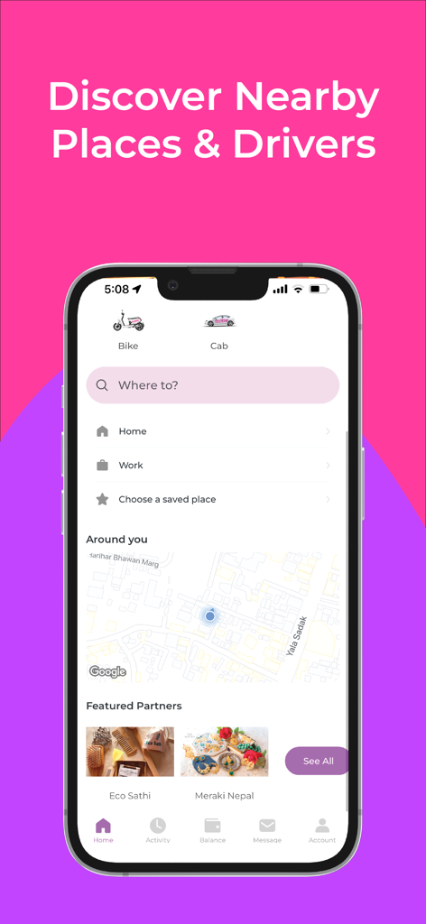 Home screen of the Tootle by Zapp app featuring bike and cab booking options and a map of Kathmandu.